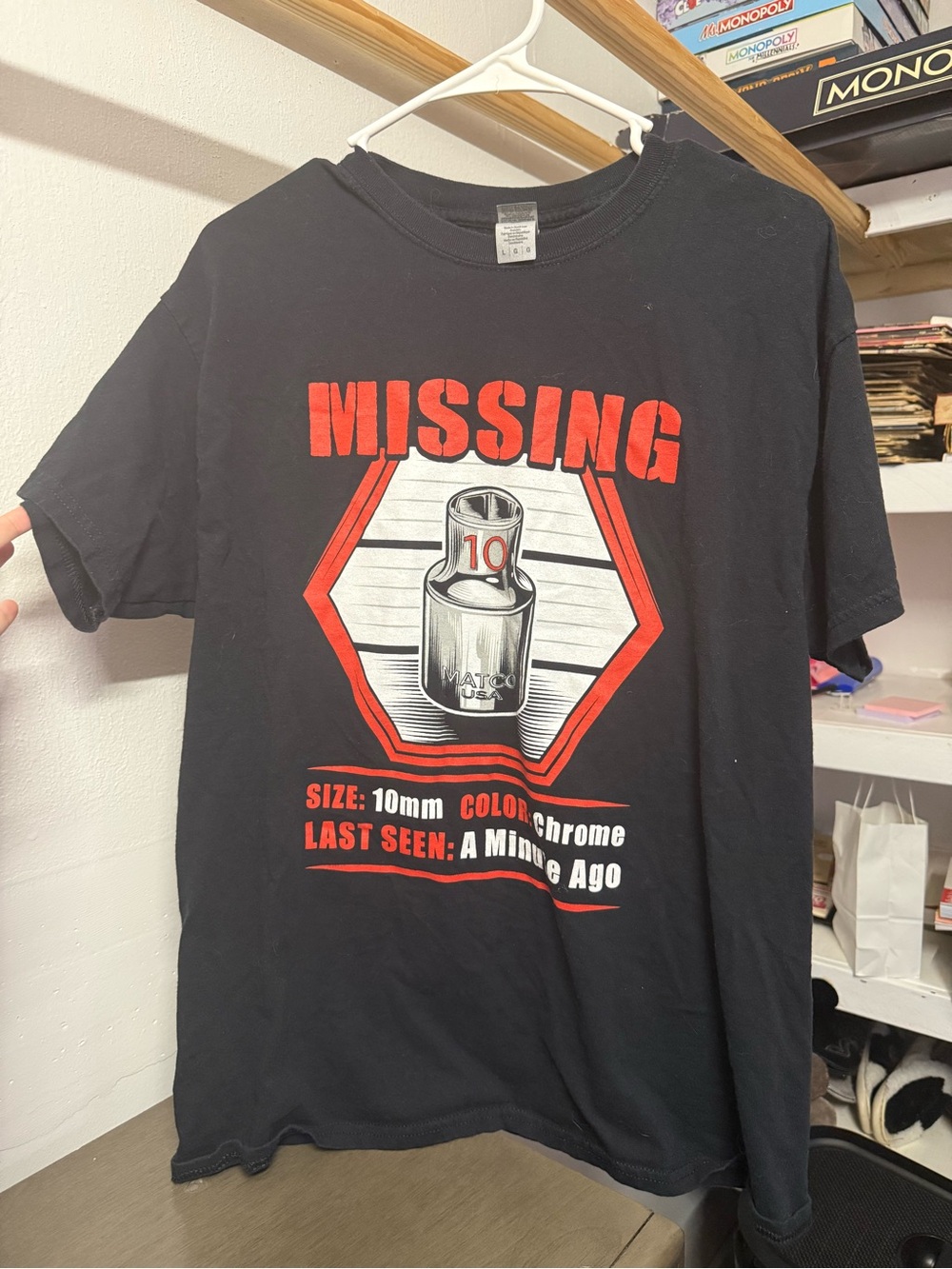 Gildan Black Tee with Red and White 'MISSING' Socket Graphic